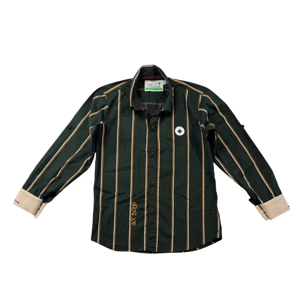 Goi Little Dude Boys Green Striped Roll Tab Sleeve Button Down Shirt Size 6